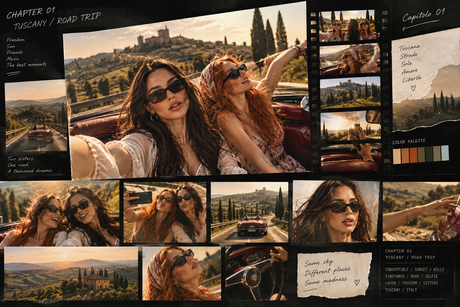 Mia and Liza in a convertible through mountains and vineyards