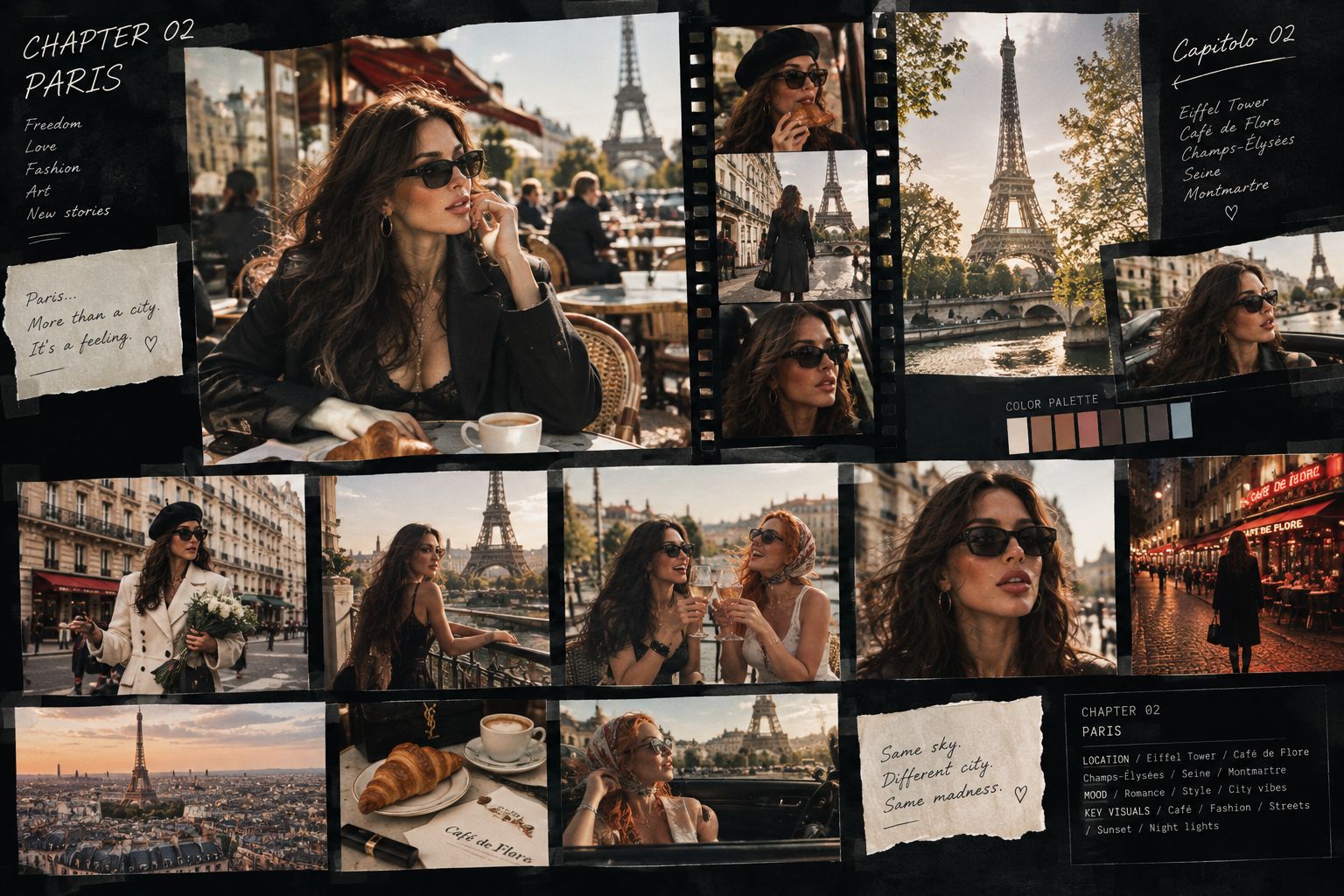 Mia and Liza at a street café with the Eiffel Tower behind them