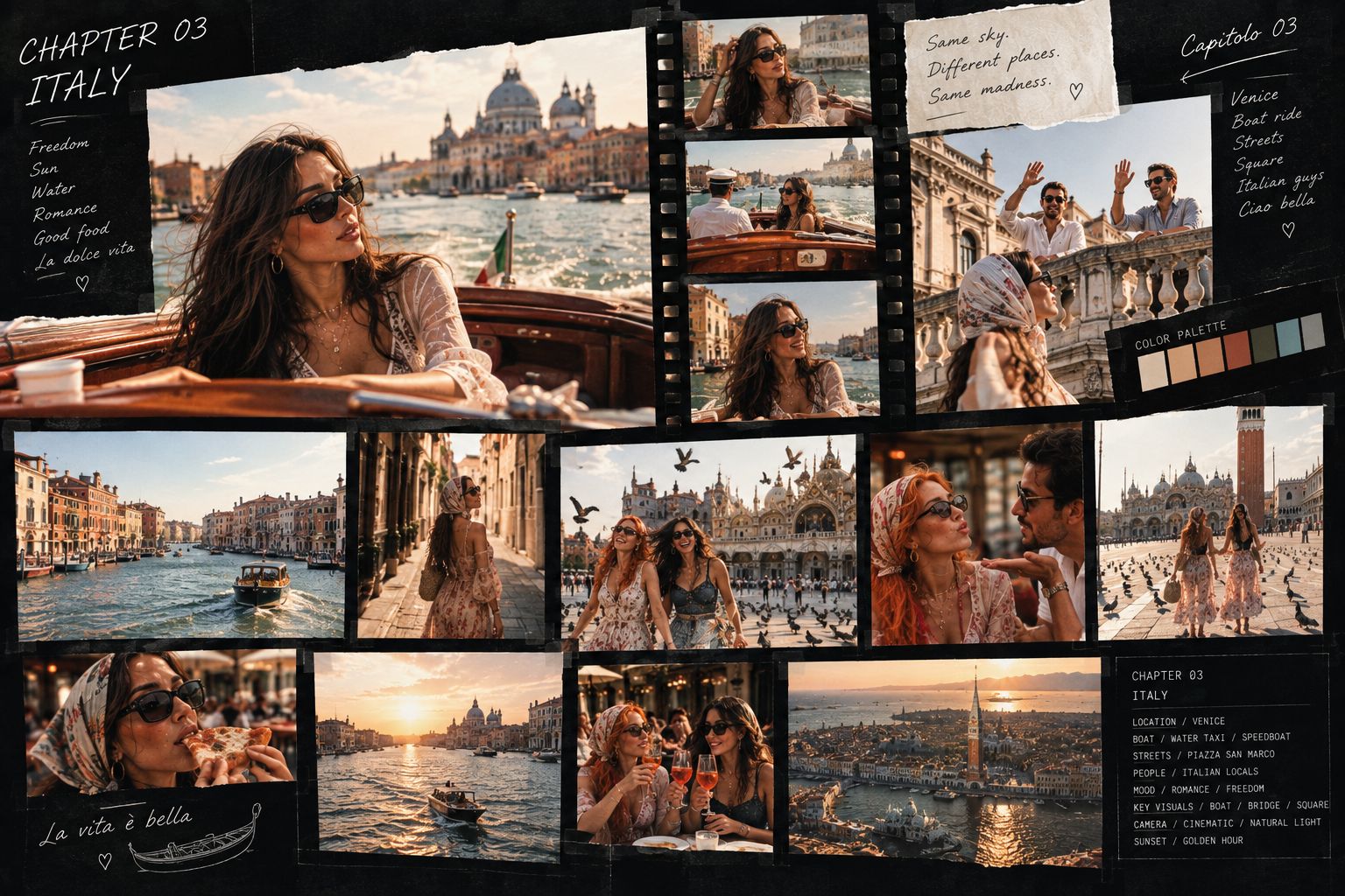 Mia alone on a boat by the Rialto Bridge in Venice