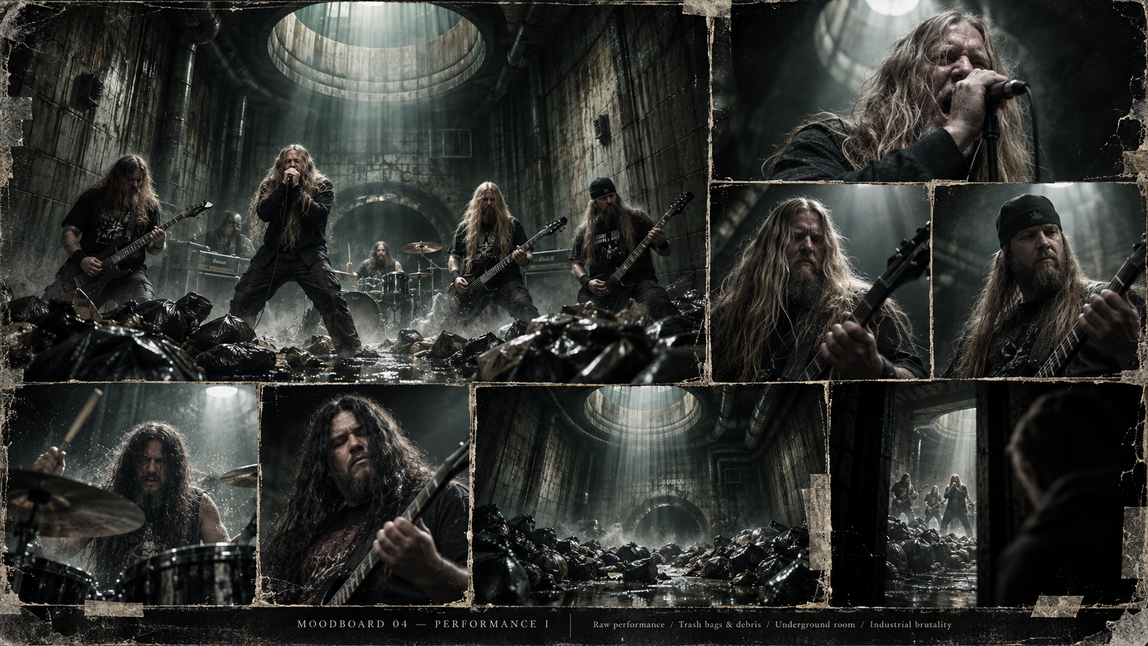 Obituary performing among rubbish bags and industrial debris